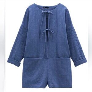 ZARA / Light Blue Textured Tie Front Lose Romper - S